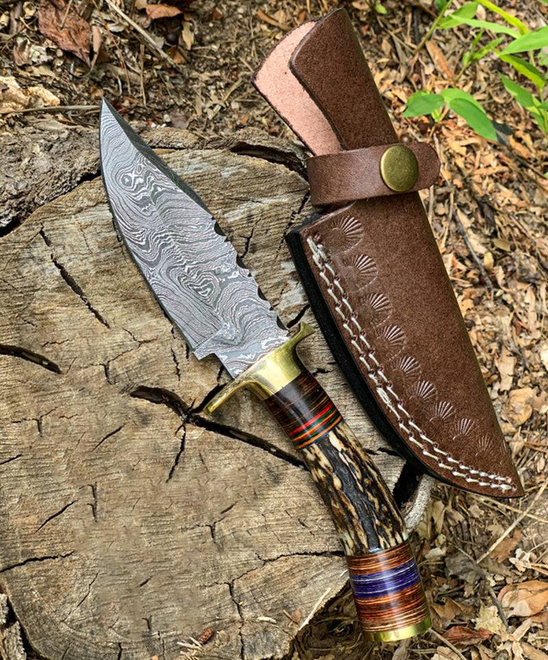 Damascus Knife with Stag Handle and Brass Guard