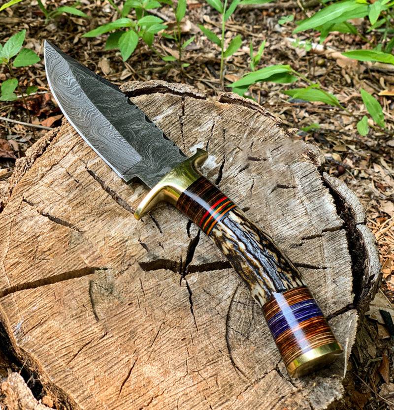 Damascus Knife with Stag Handle and Brass Guard