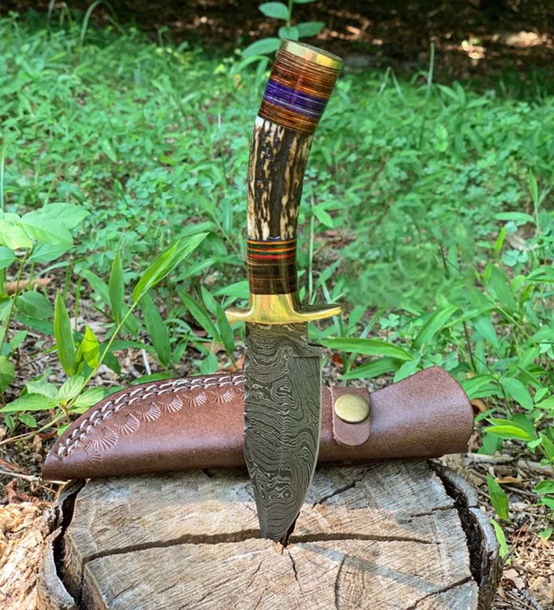 Damascus Knife with Stag Handle and Brass Guard