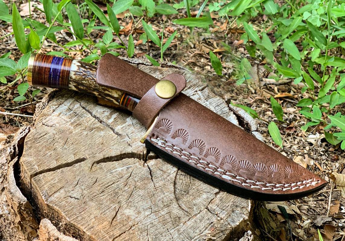 Damascus Knife with Stag Handle and Brass Guard