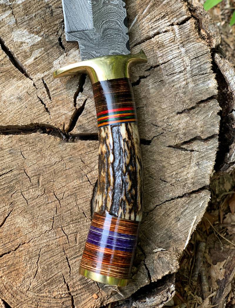 Damascus Knife with Stag Handle and Brass Guard