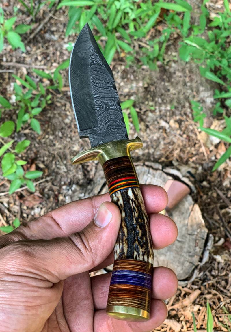 Damascus Knife with Stag Handle and Brass Guard