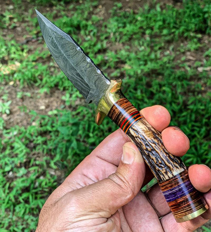 Damascus Knife with Stag Handle and Brass Guard