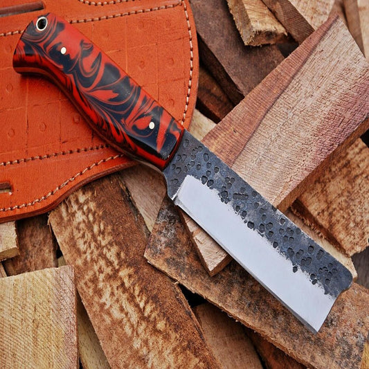 Damascus Bull Cutter Knife - Hand-Forged Cowboy Knife with Resin Handle