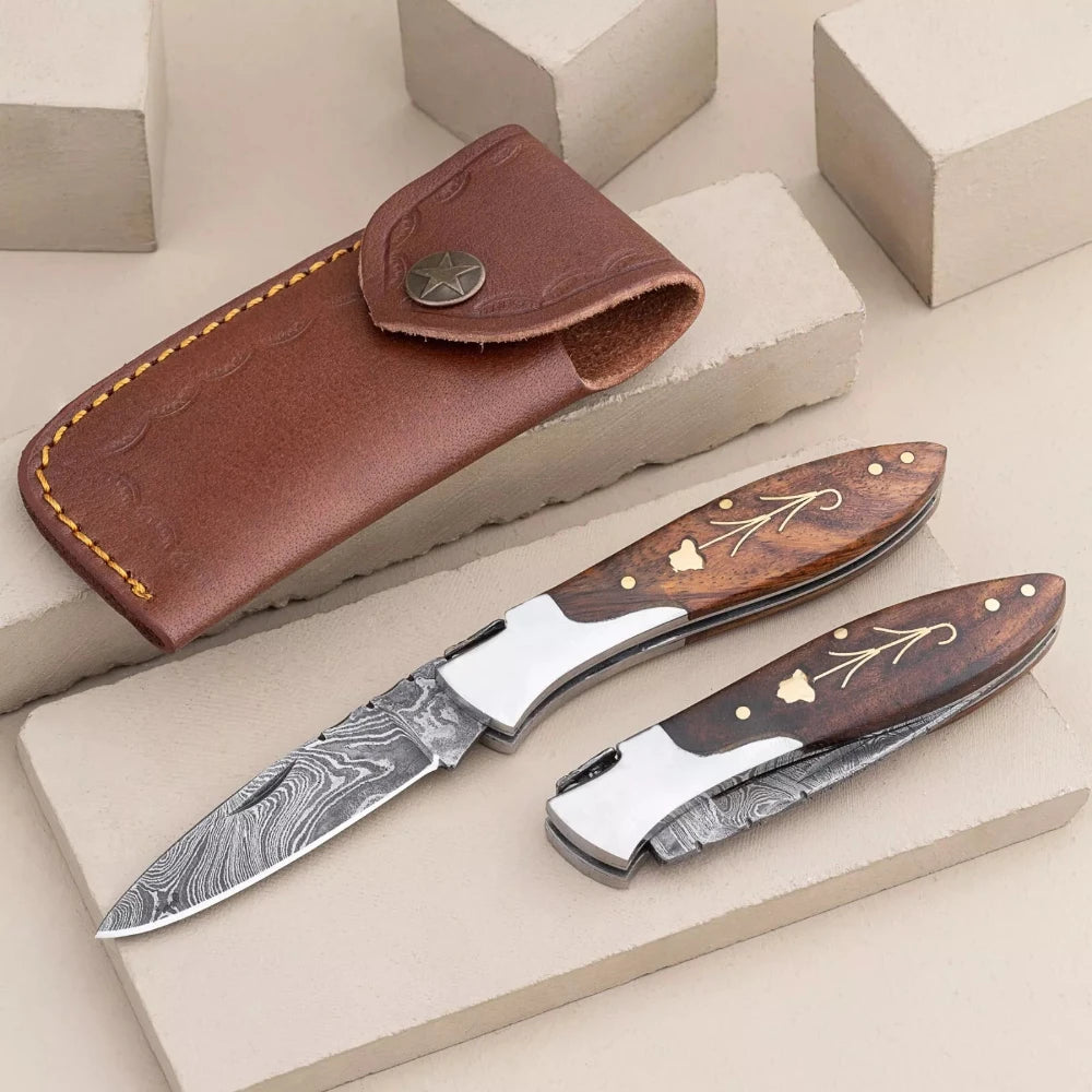 Damascus Folding Pocket Knife with Rosewood Handle