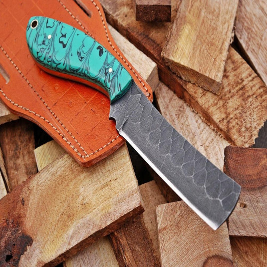 Damascus Steel Bull Cutter Knife - Hand-Forged Cowboy Knife with Resin Handle
