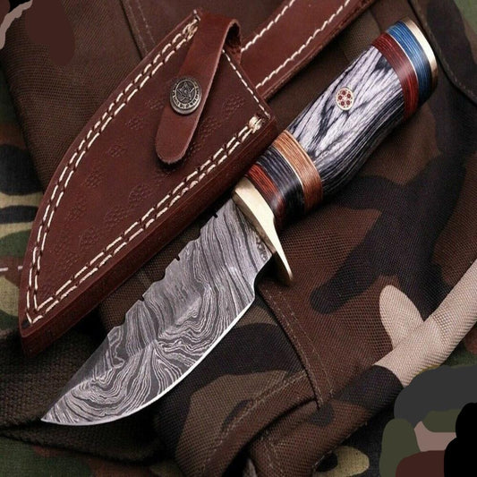 Damascus Steel Skinning Knife with Wood Handle and Brass Guard