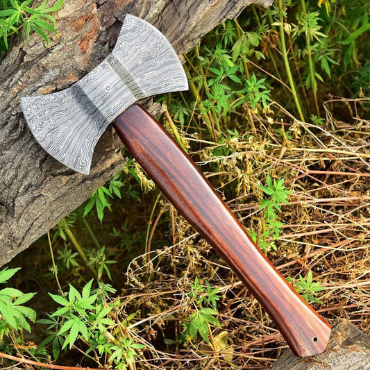 Double Head Damascus Steel Axe with Leather Sheath