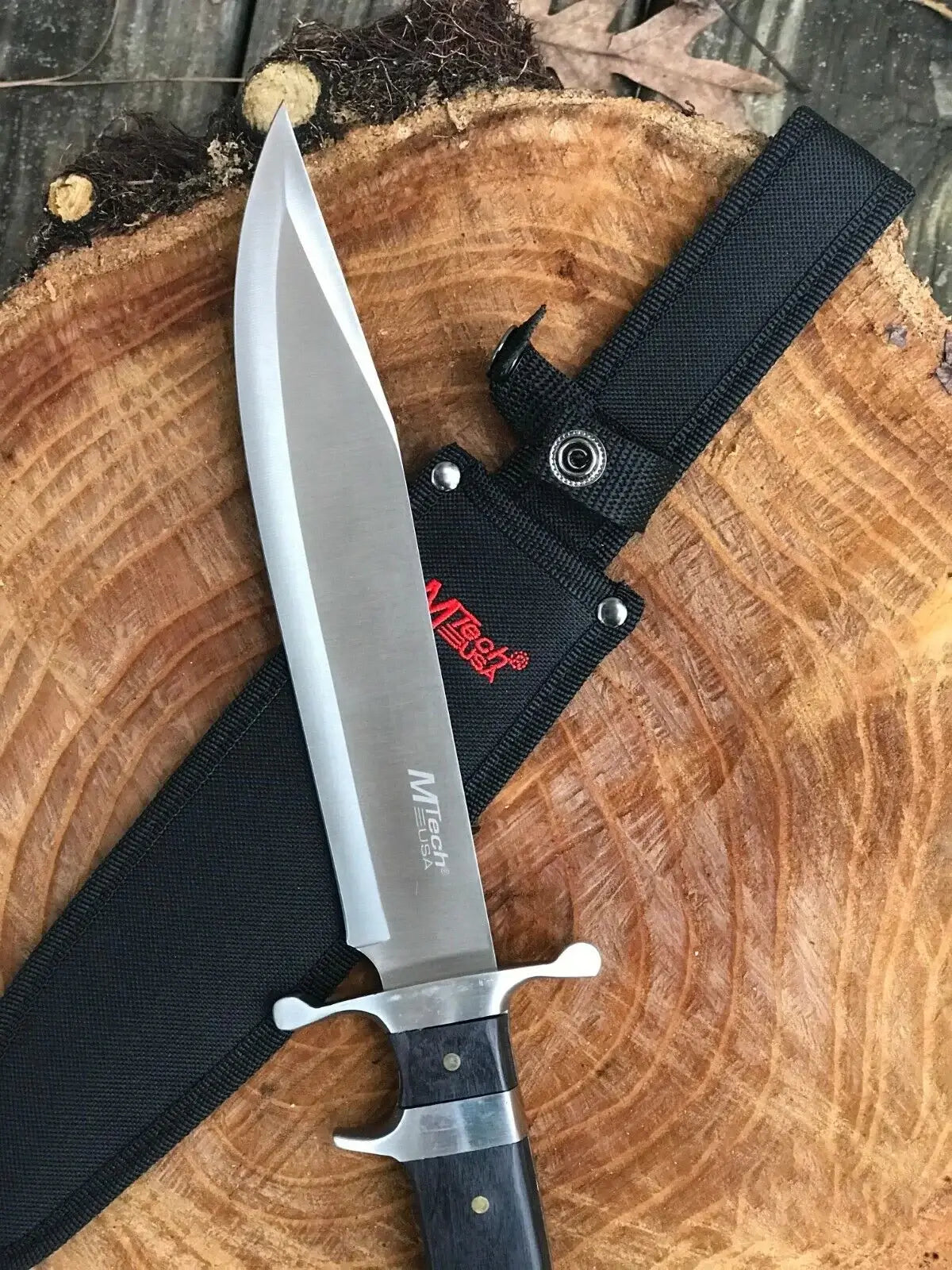 Fixed Blade Bowie Knife with Satin Blade and Black Handle