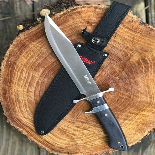 Fixed Blade Bowie Knife with Satin Blade and Black Handle
