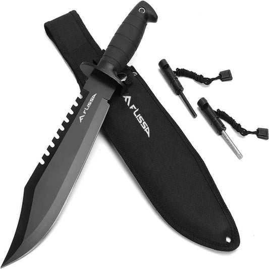 Flissa Tactical Bowie Knife with Fixed Blade and Fire Starter