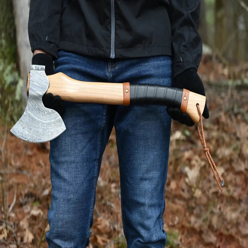 Hand-Forged Damascus Axe for Camping and Outdoors