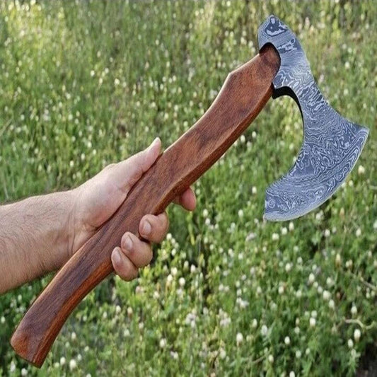 Hand-Forged Damascus Steel Axe with Sheath for Camping