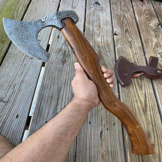 Handmade Damascus Steel Axe with Wood Handle for Camping