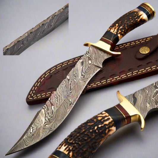 Handmade Damascus Steel Bowie Knife with Deer Antler Handle