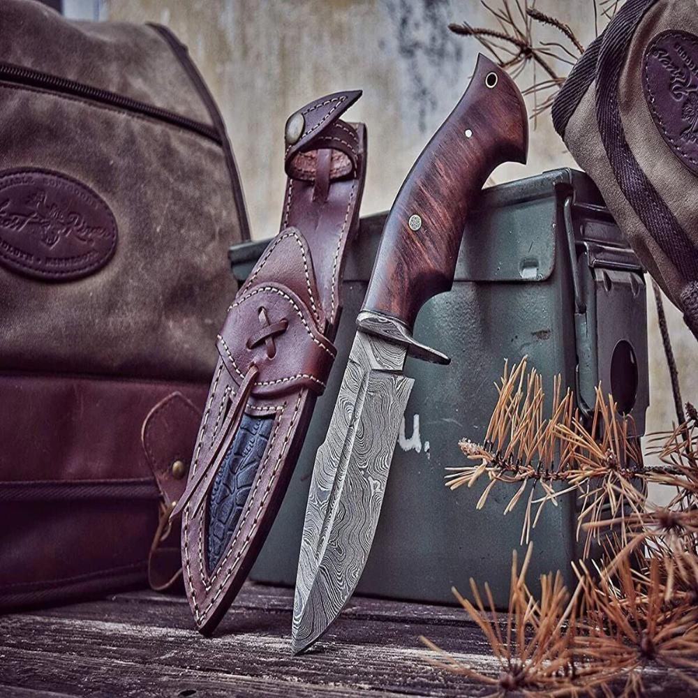 Handmade Damascus Steel Bowie Knife with Rosewood Handle and Sheath