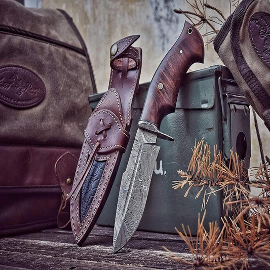 Handmade Damascus Steel Bowie Knife with Rosewood Handle and Sheath