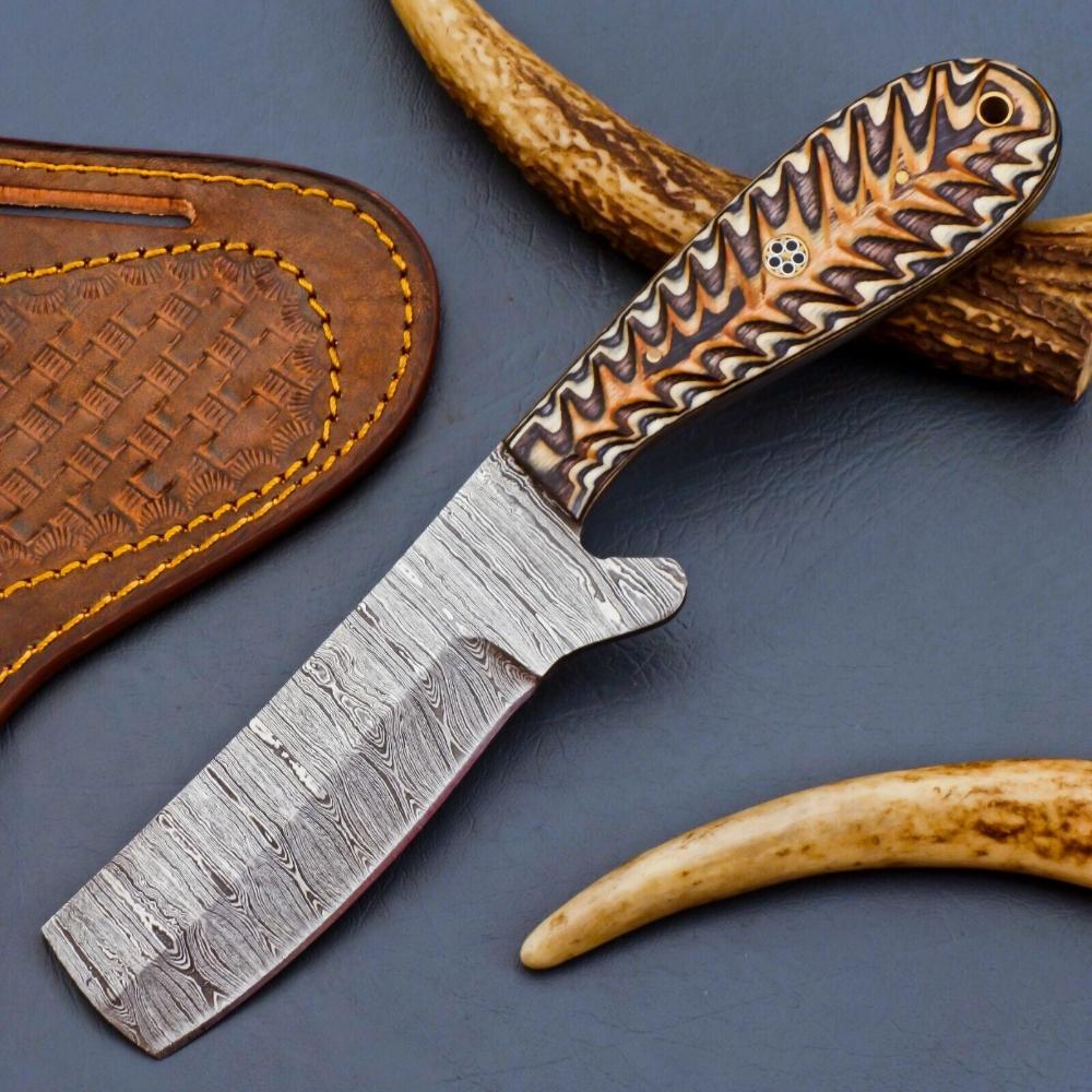 Handmade Damascus Steel Bull Cutter Knife with Bone Handle & Pancake Sheath