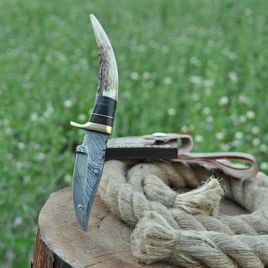 Handmade Damascus Steel Skinning Knife with Stag Antler Handle