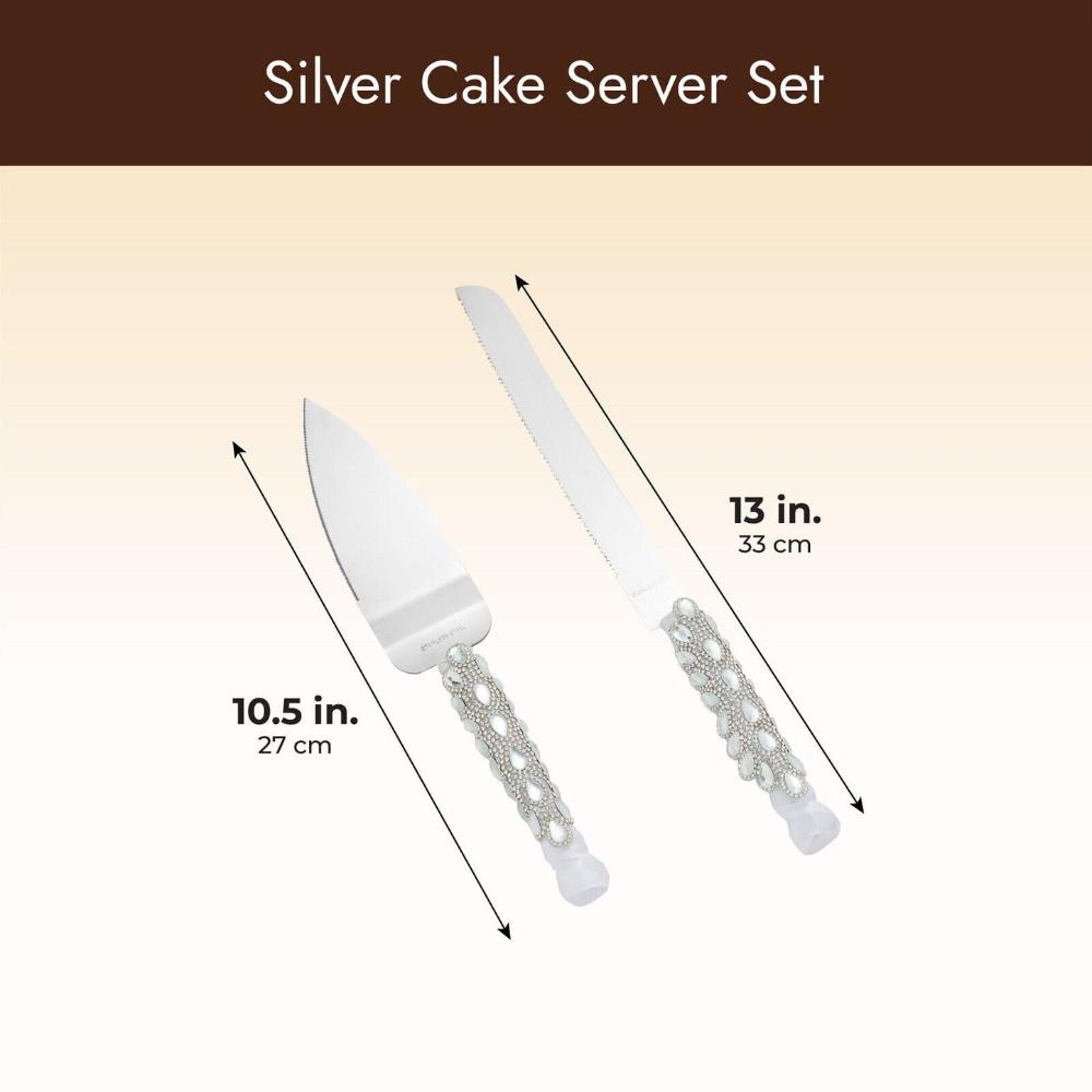 High Quality Silver Cake Cutter and Knife Set for Weddings with Crystals and Ribbon