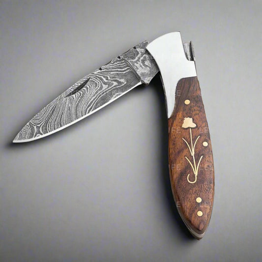 Damascus Folding Pocket Knife with Rosewood Handle