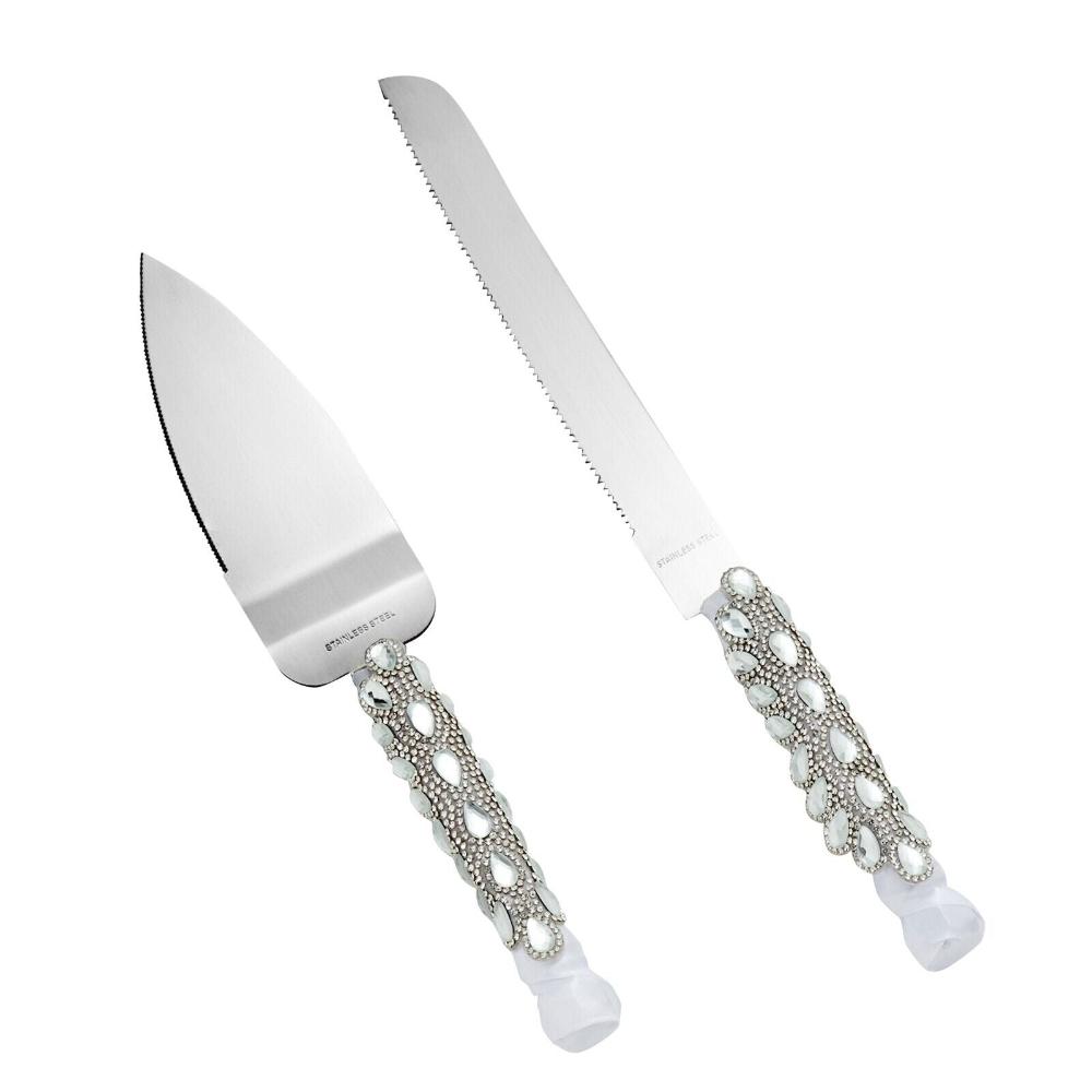 Silver Cake Cutter and Knife Set for Weddings with Crystals and Ribbon
