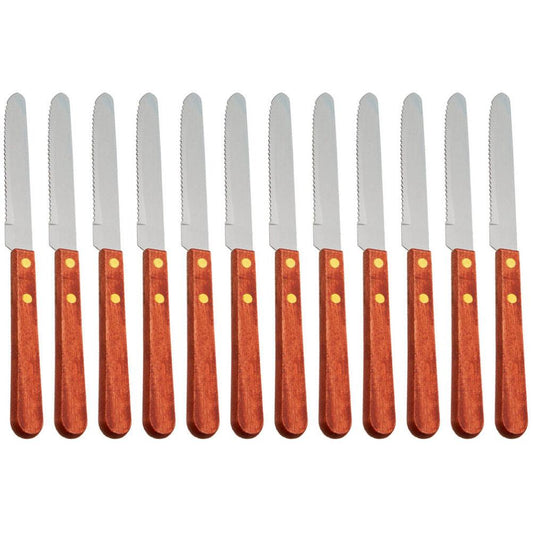 (Set of 12) 4-Inch Rounded Serrated Stainless Steel Blade Steak Knives W Wooden