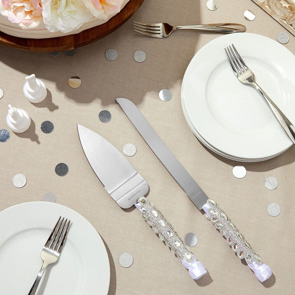best quality Silver Cake Cutter and Knife Set for Weddings with Crystals and Ribbon