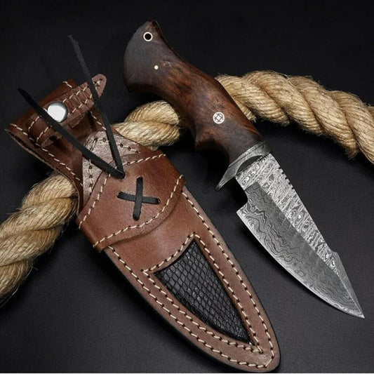 Handmade Damascus Steel Bowie Knife with Rosewood Handle and Sheath