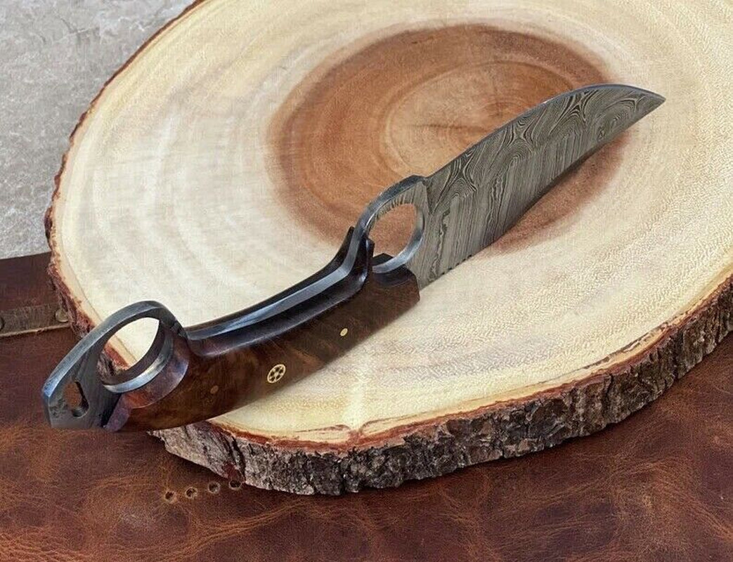 Engraved Damascus Fixed Blade Knife with Wood Handle