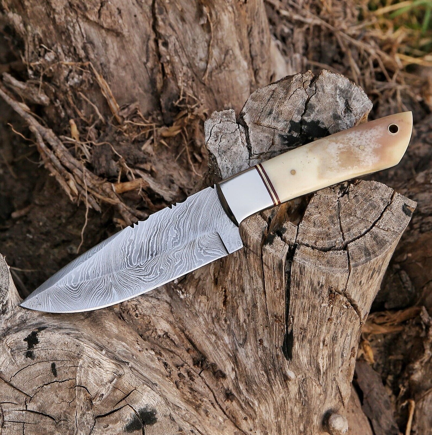 Damascus Knife with Full Tang and Camel Bone Handle