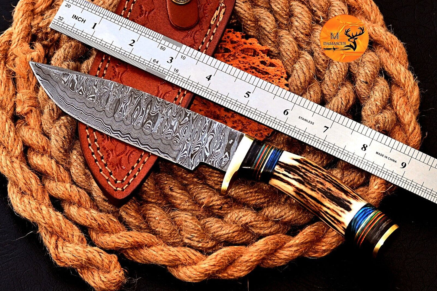 Damascus Bowie Knife with Stag Knife Handle