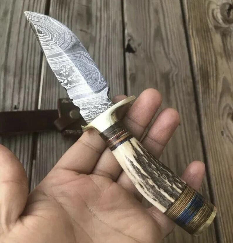 Damascus Skinning Knife with Stag Antler Handle