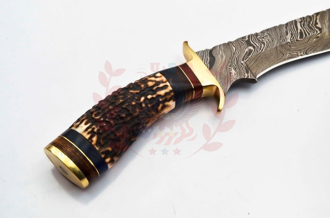 Handmade Damascus Steel Bowie Knife with Deer Antler Handle