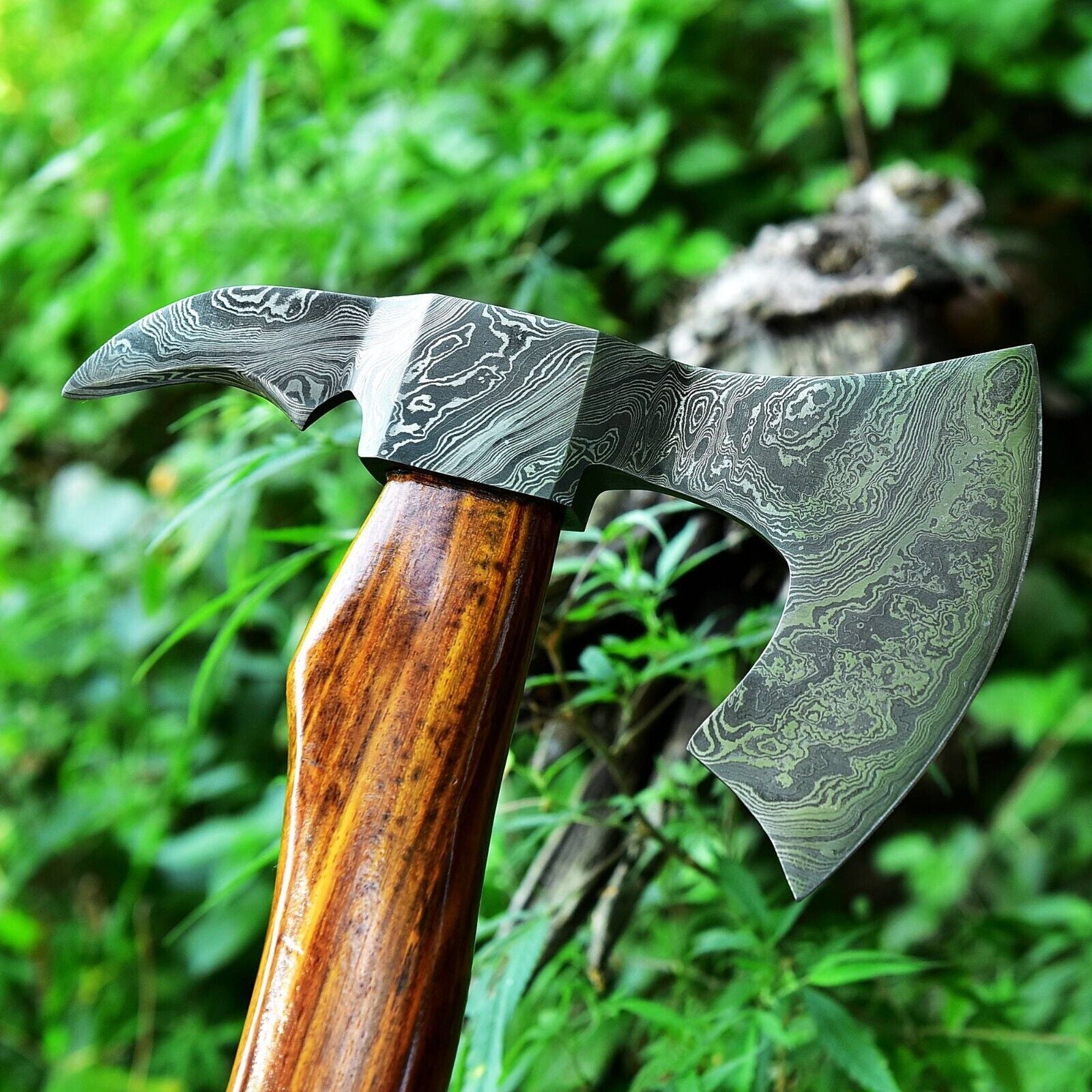 Hand-Forged Viking Axe with Bearded Damascus Steel Head