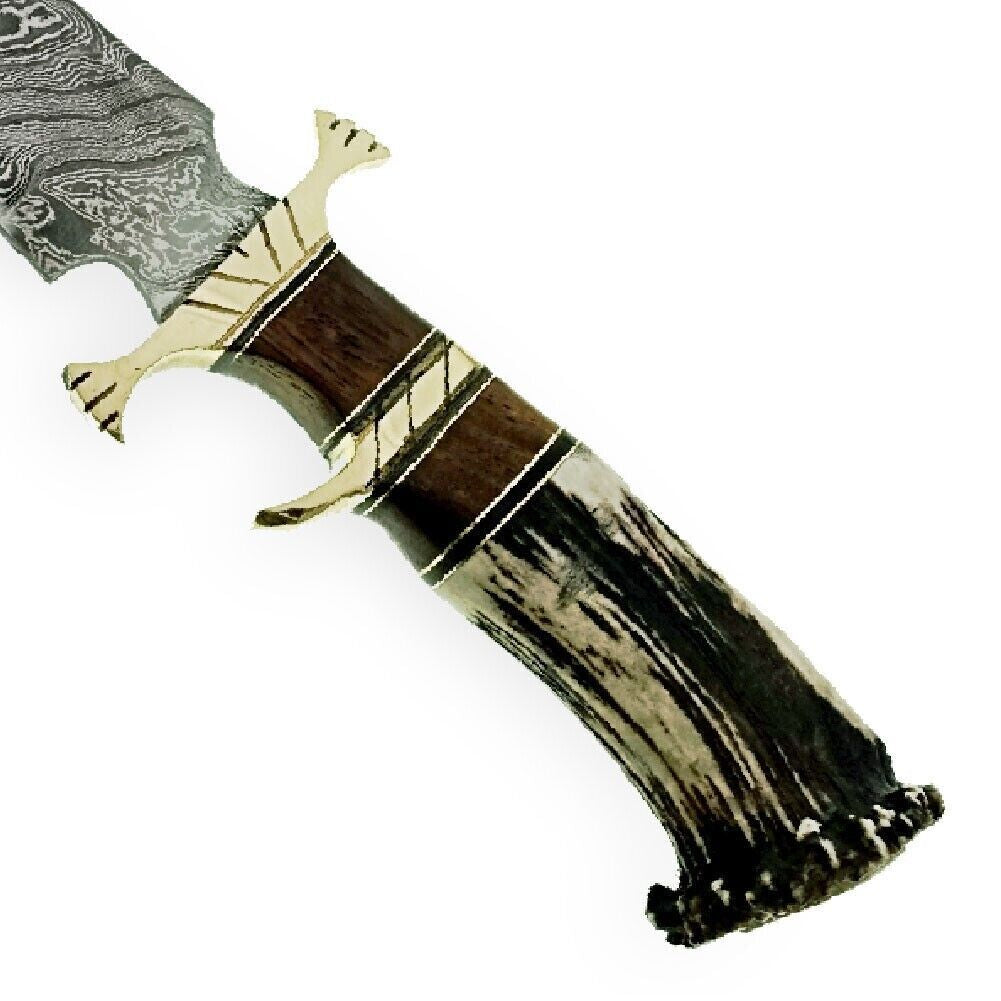 Damascus Bowie Knife with Stag Antler Handle