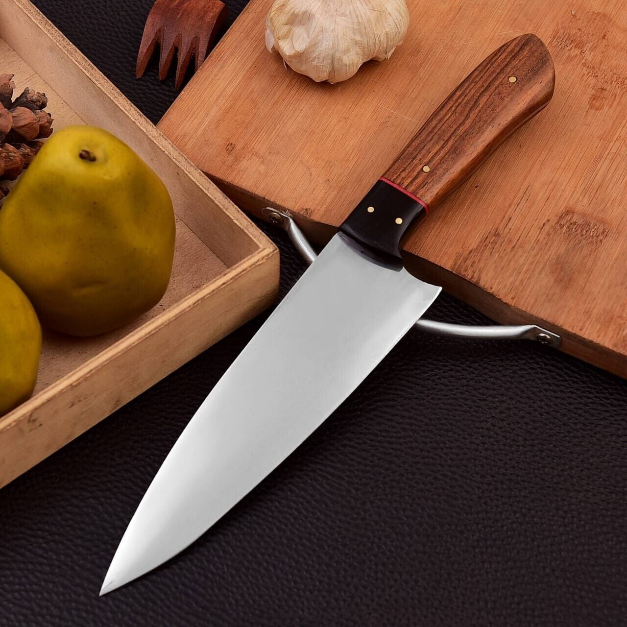 Polished Hand Forged Chef Knife with Carbon Steel and Wood Handle