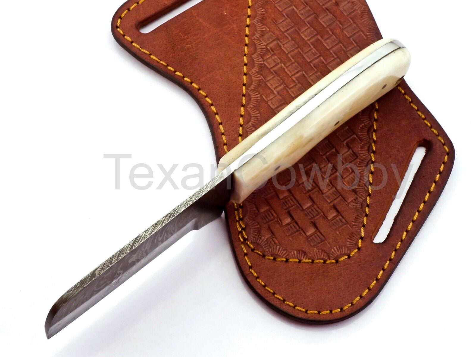 Cowboy Bull Cutter Knife - Handmade Damascus Steel with Bone Handle