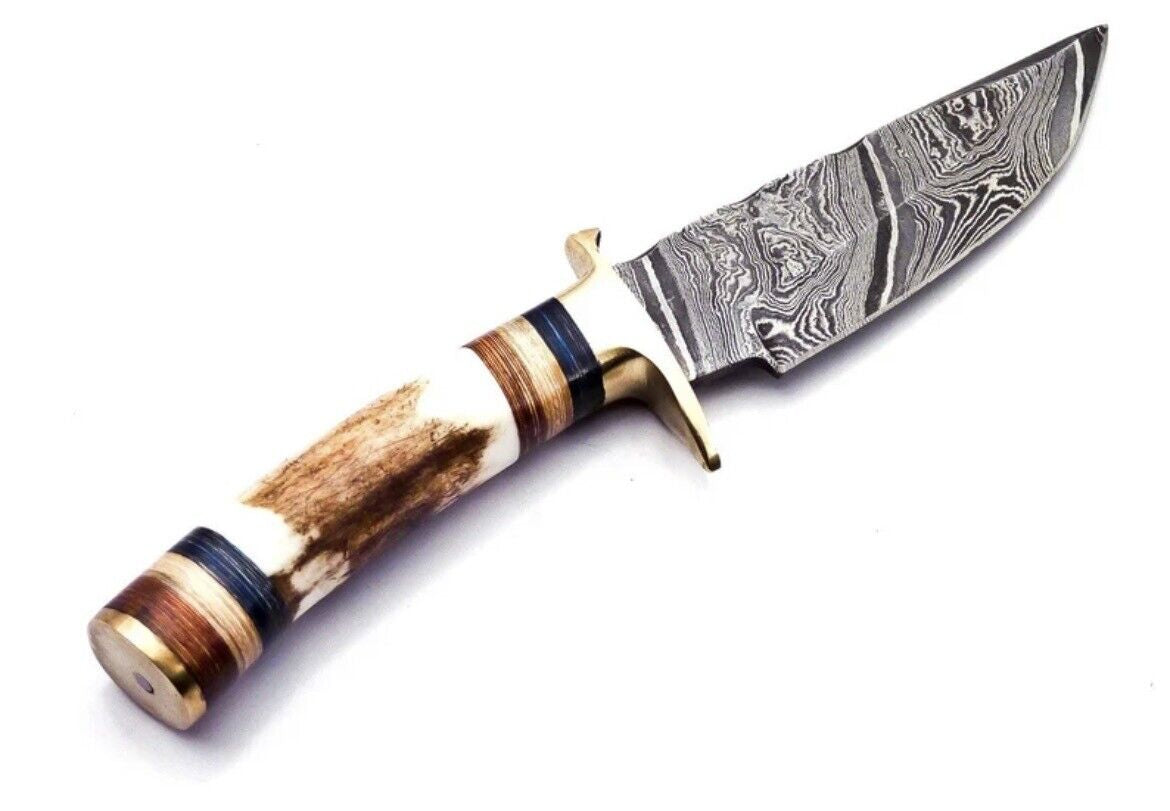 Damascus Steel Hunting Knife with Stag Handle and Brass Guard