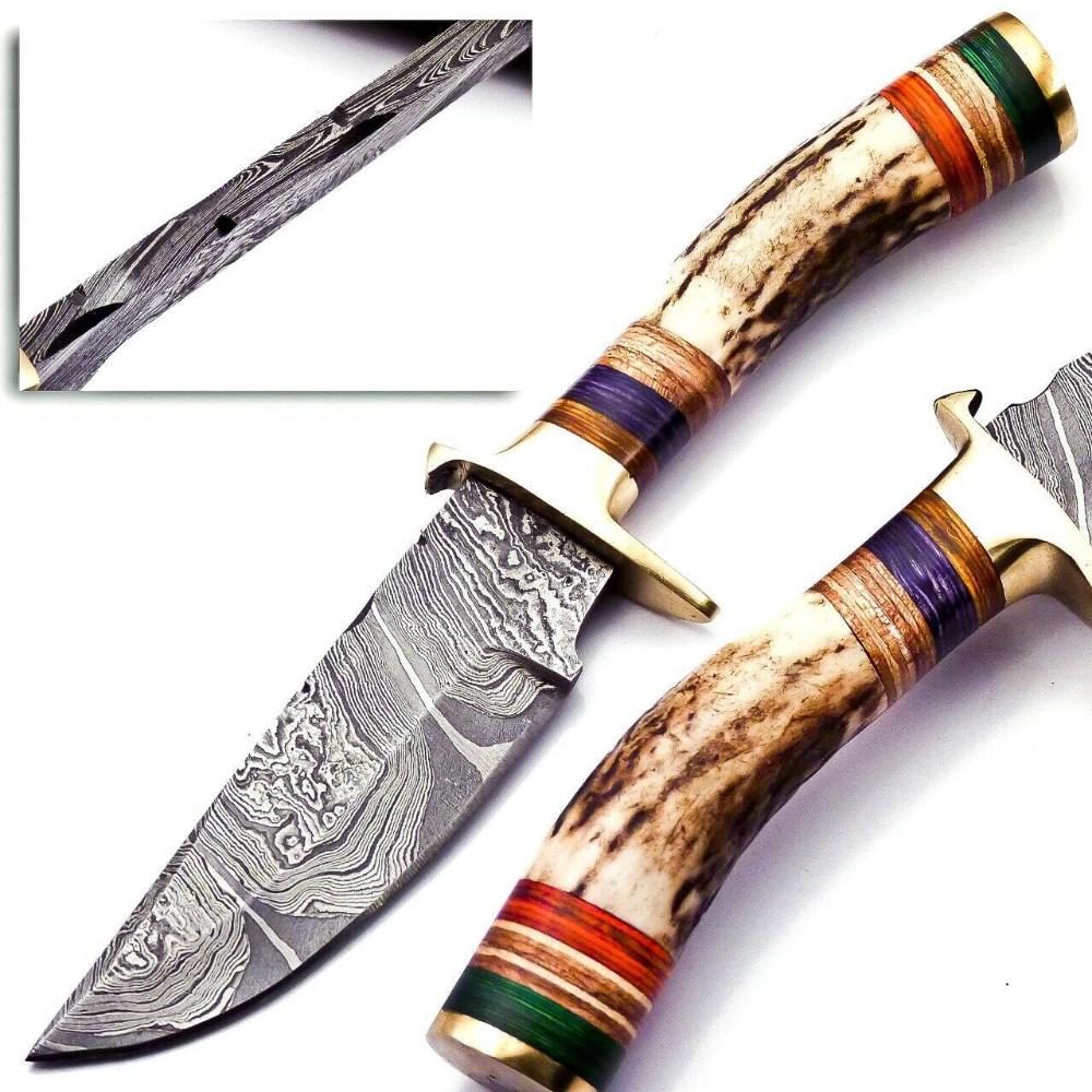 Damascus Steel Hunting Knife with Stag Handle and Brass Guard