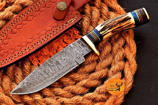 Damascus Bowie Knife with Stag Knife Handle