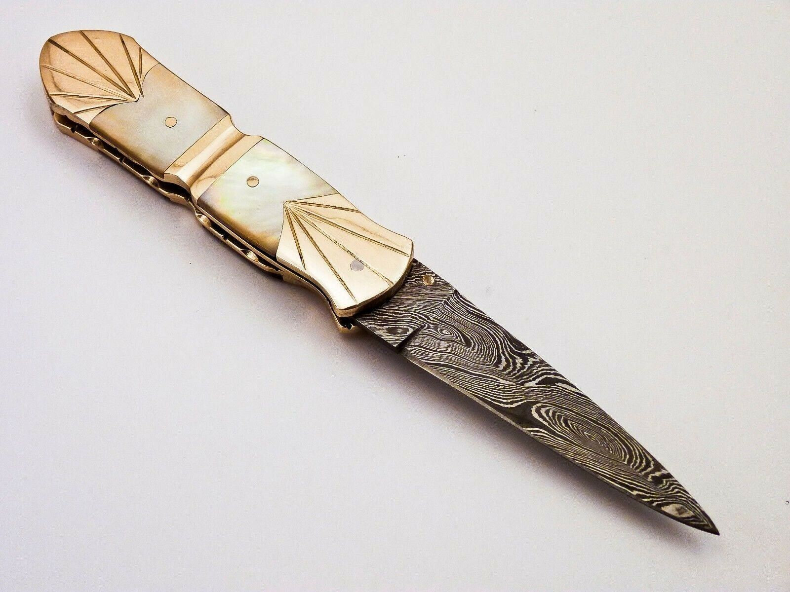 Damascus Folding Pocket Knife with Pearl Handle