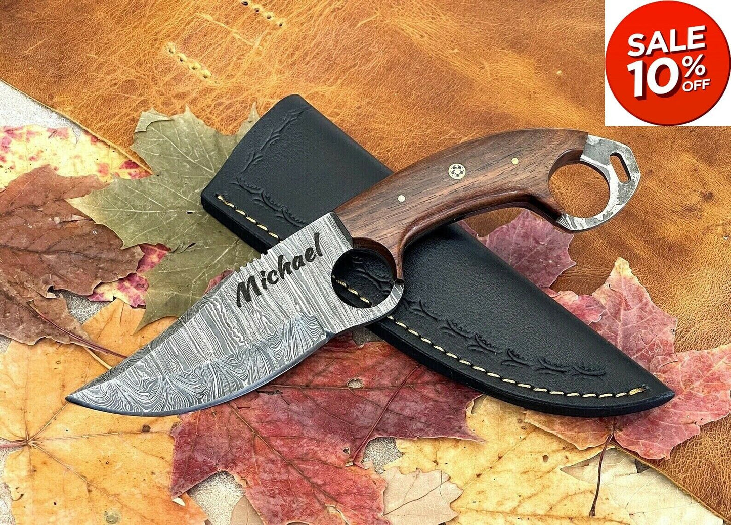 Engraved Damascus Fixed Blade Knife with Wood Handle