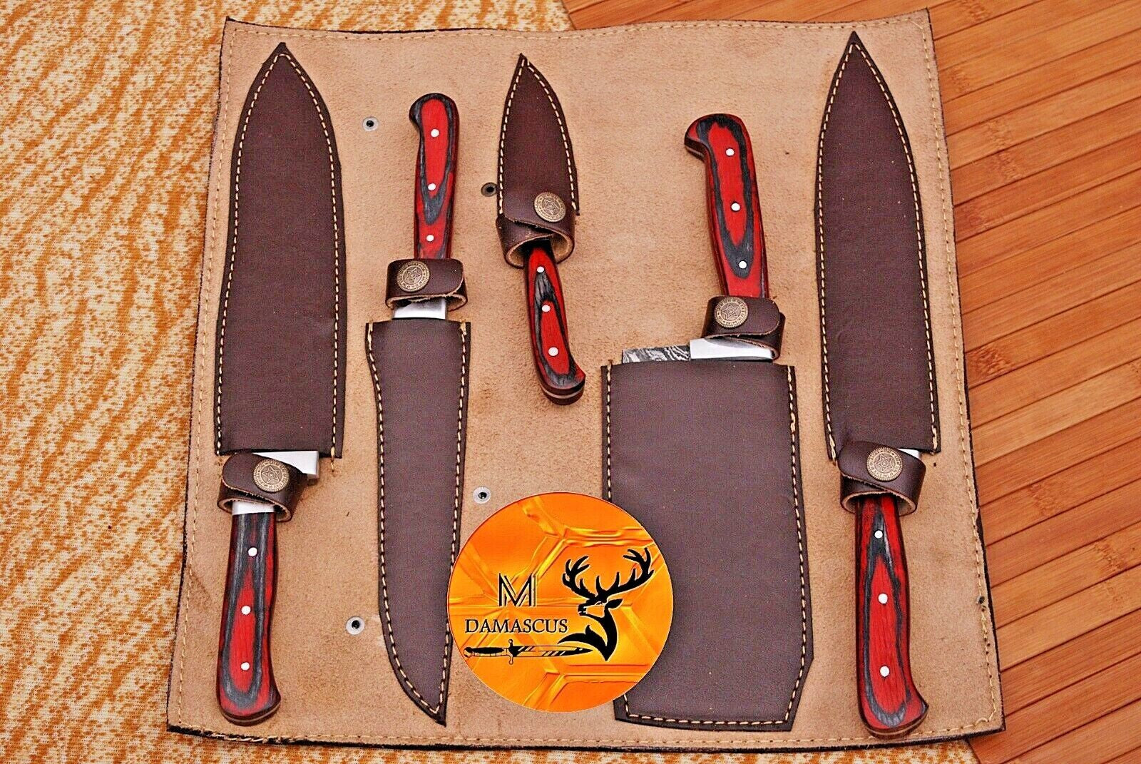 Custom Damascus Steel Chef Knife Set - Wood Handle Kitchen Knife Set