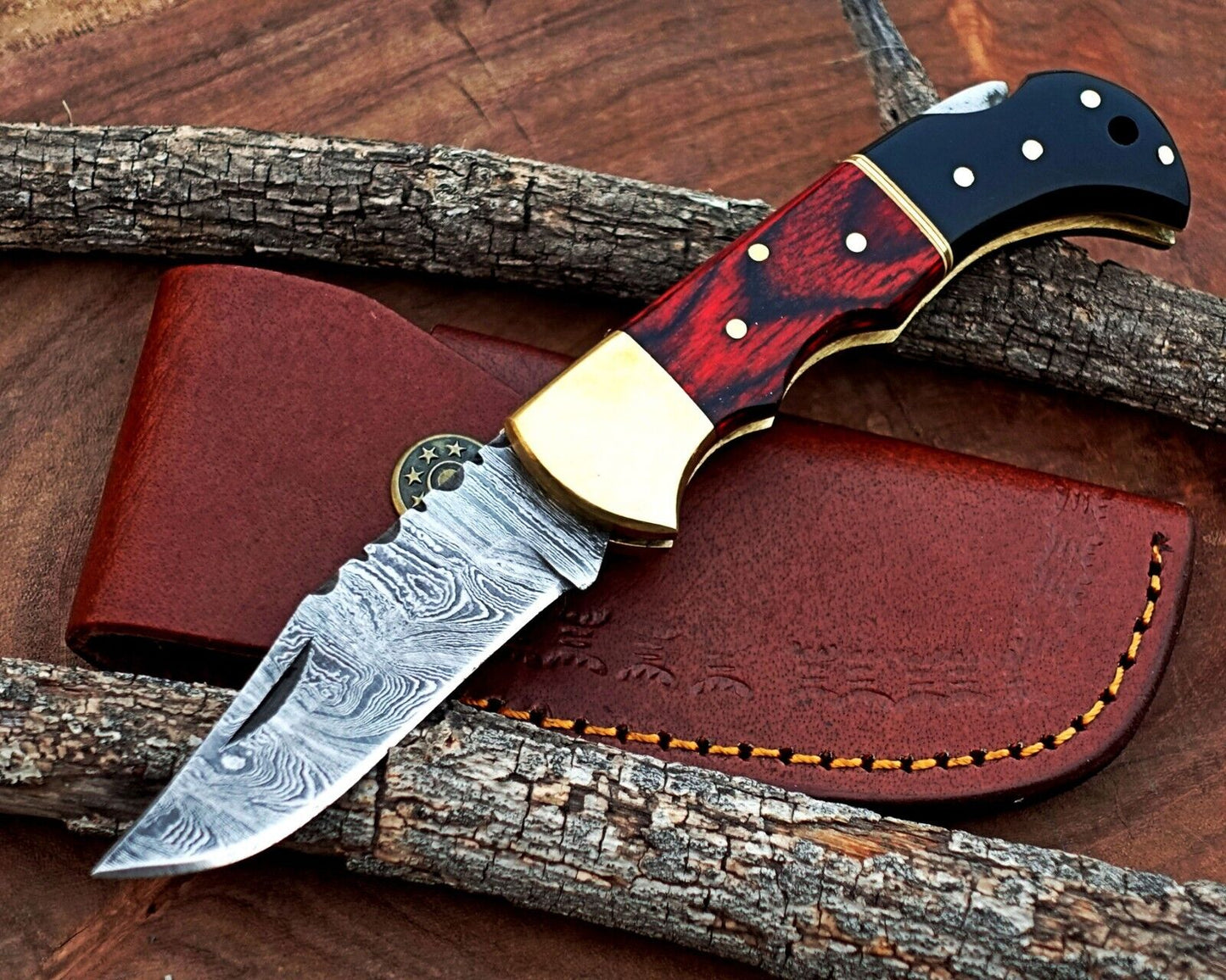 Damascus Folding Pocket Knife with Back Lock