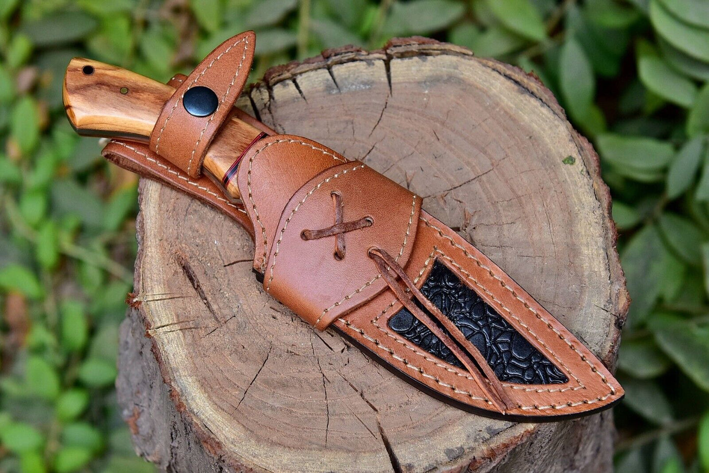 Custom Damascus Fixed Blade Knife with Leather Sheath