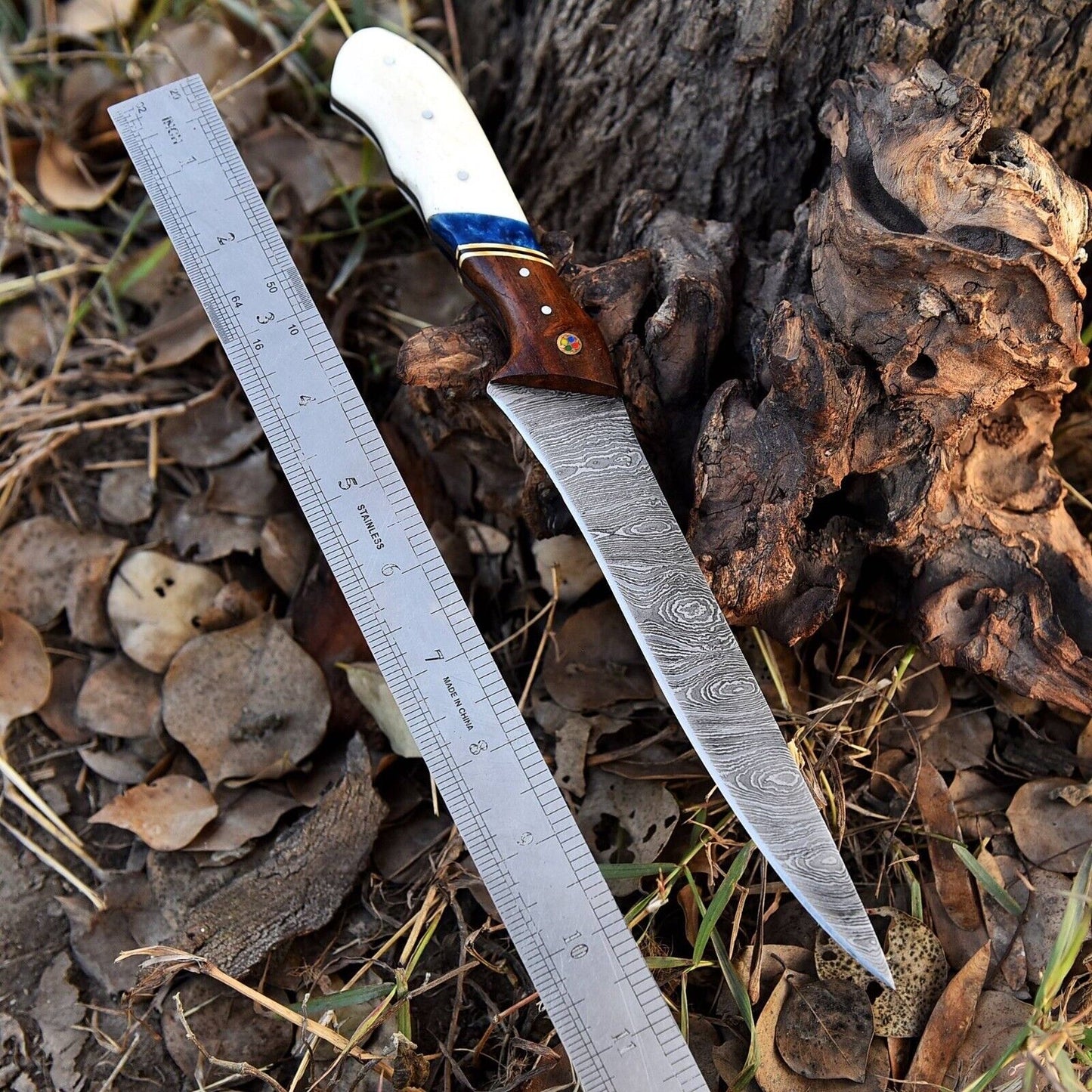 Damascus Fish Fillet Knife with Camel Bone and Resin Handle