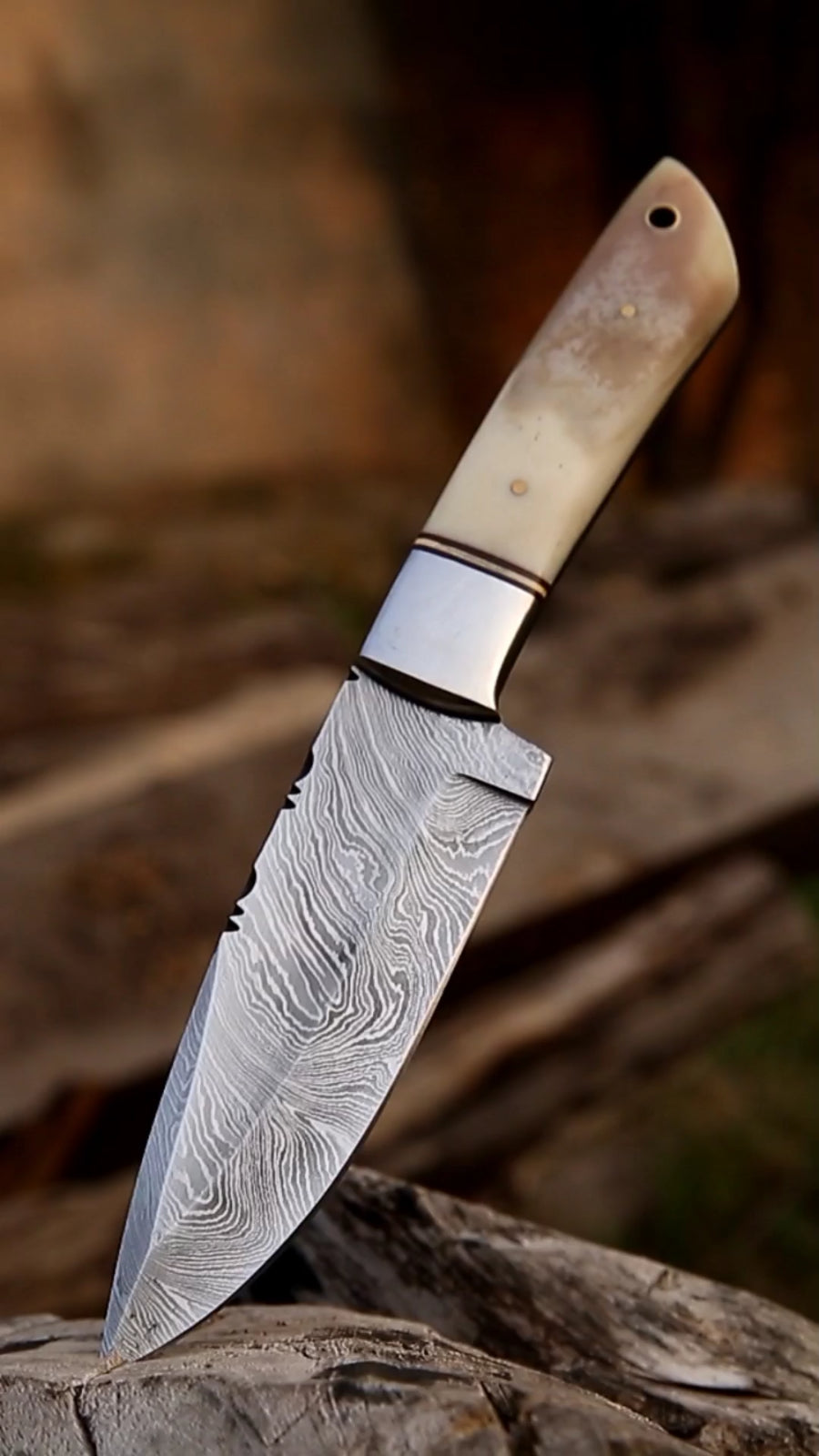 Damascus Knife with Full Tang and Camel Bone Handle