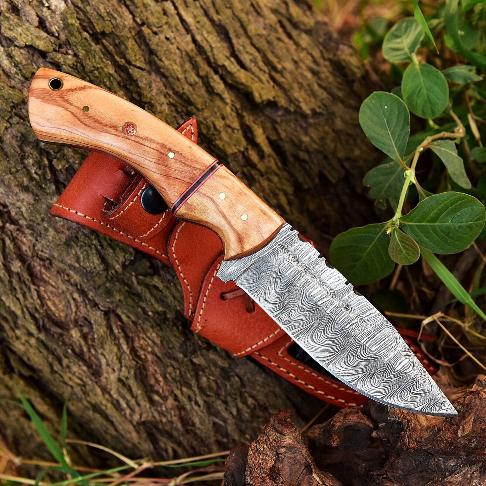 Custom Damascus Fixed Blade Knife with Leather Sheath