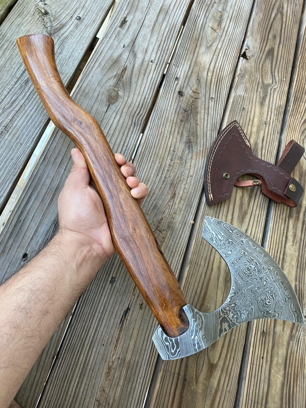 Handmade Damascus Steel Axe with Wood Handle for Camping